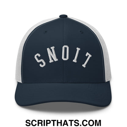 Navy blue and gray mesh trucker hat with white upside down lions embroidered snoit design on front panel