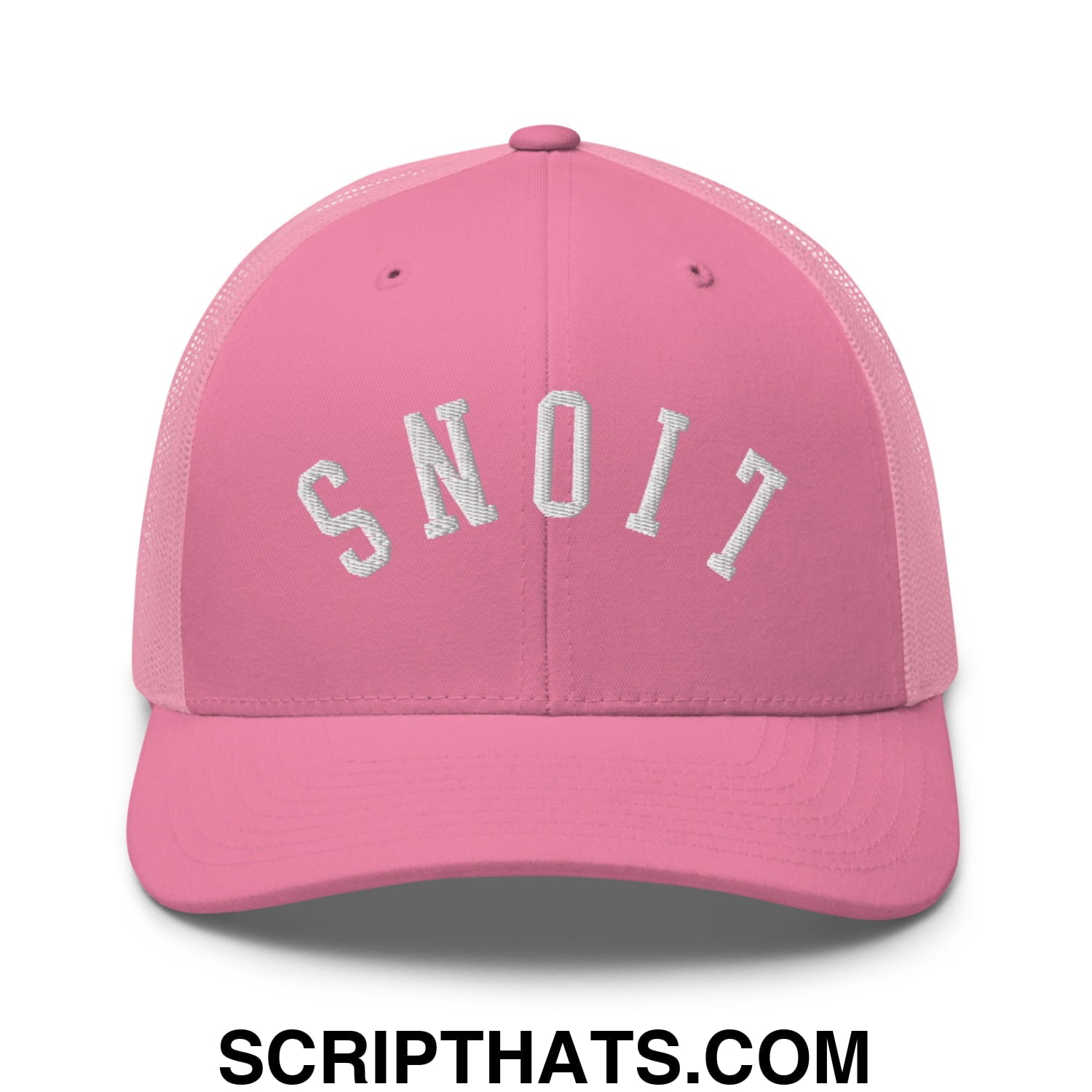 Pink mesh trucker hat with white embroidered upside down lions lettering in an arched design