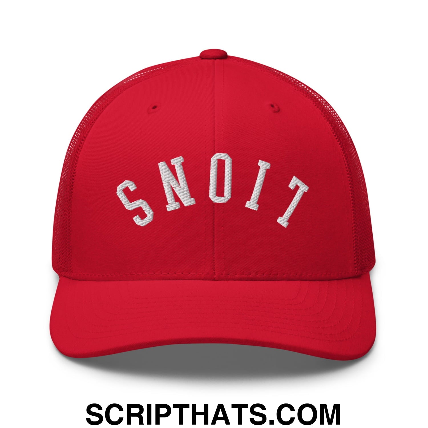 Red mesh trucker hat with white embroidered snoit text arch on front from Upside Down Lions collection