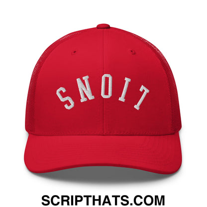 Red mesh trucker hat with white embroidered snoit text arch on front from Upside Down Lions collection