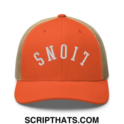 Orange mesh trucker hat with beige back and white embroidered snoit lettering from upside down lions collection