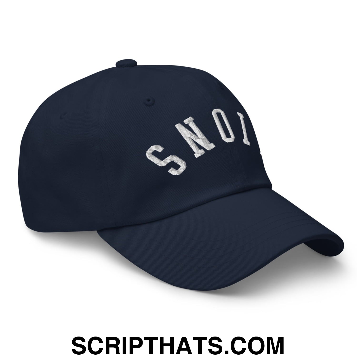 Navy blue unstructured dad hat with white embroidered snoi lettering from upside down lions collection