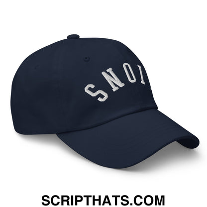 Navy blue unstructured dad hat with white embroidered snoi lettering from upside down lions collection