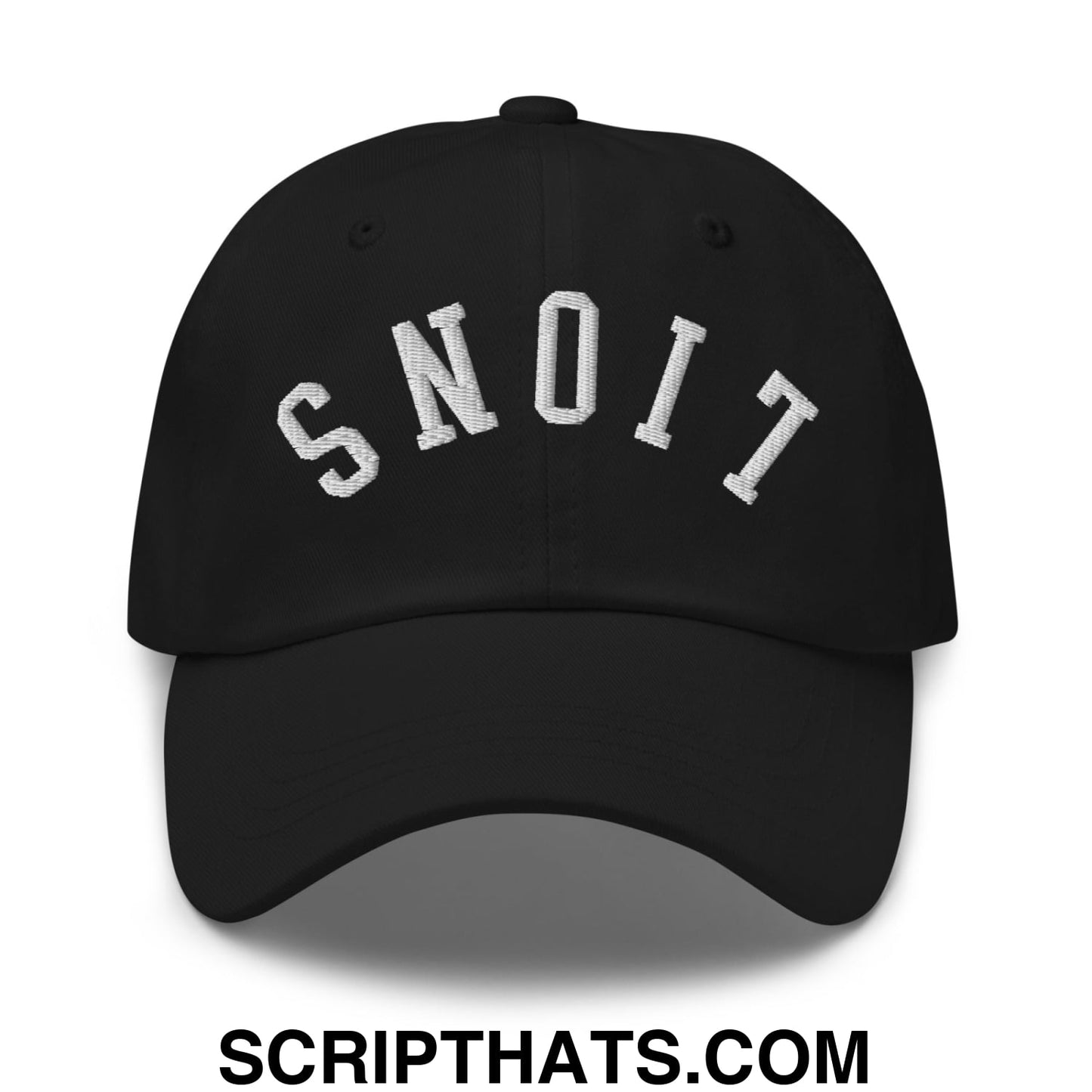 Black upside down lions embroidered unstructured dad hat with white arch lettering snoit on the front
