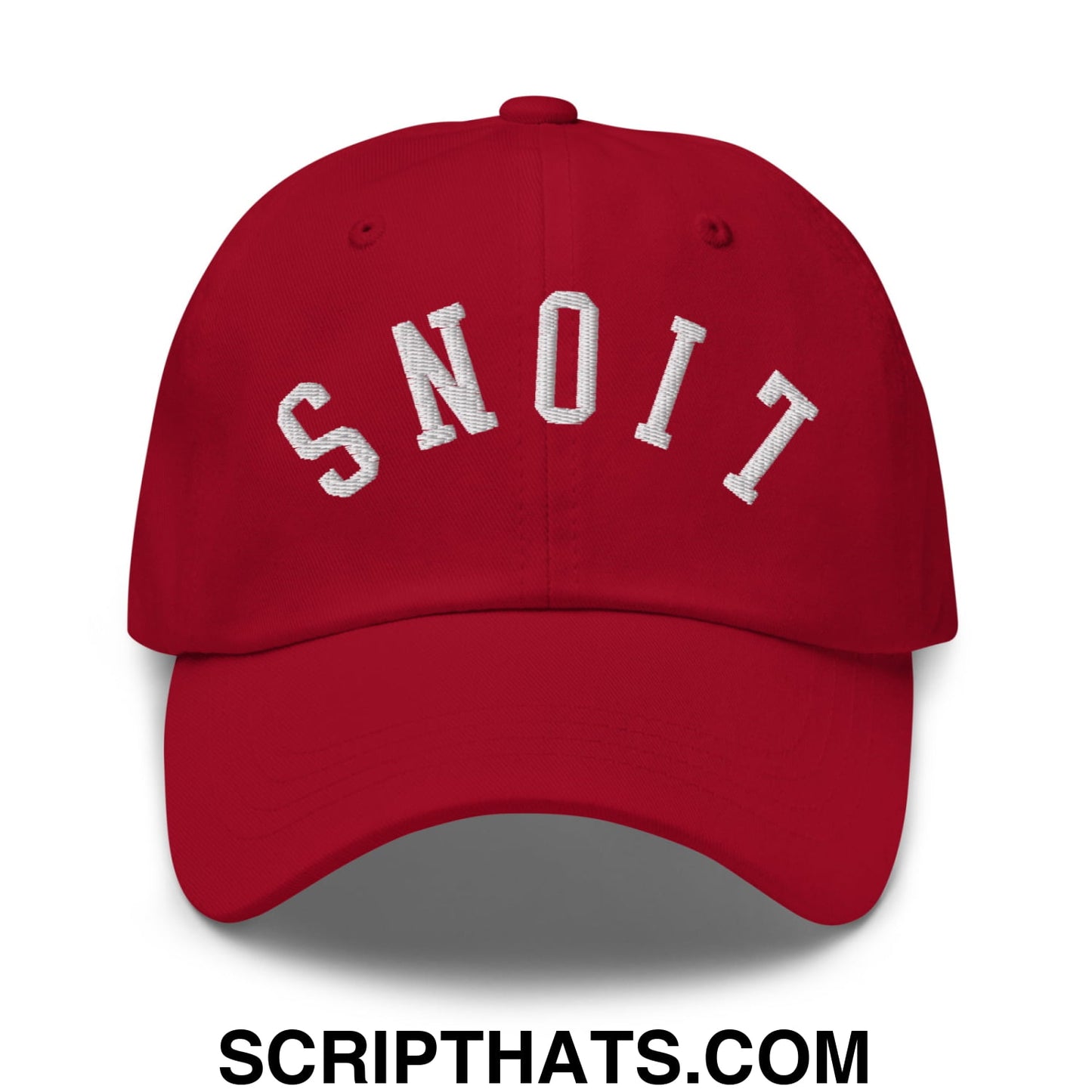 Red unstructured dad hat featuring upside down lions white embroidered arch lettering on the front