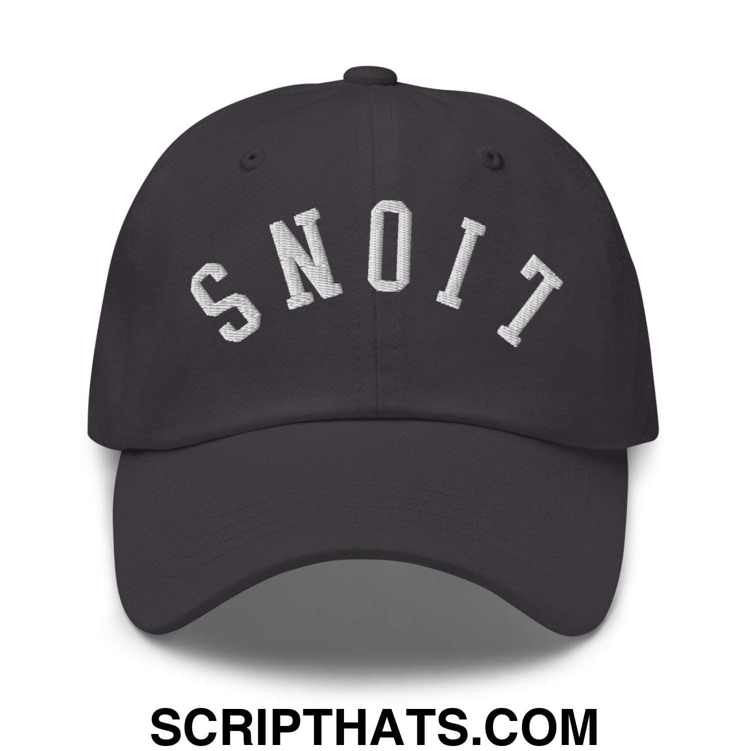 Black unstructured dad hat with white embroidered upside down lions lettering snoit on the front