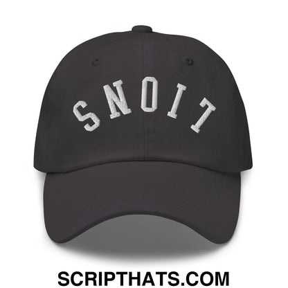 Black unstructured dad hat with white embroidered upside down lions lettering snoit on the front