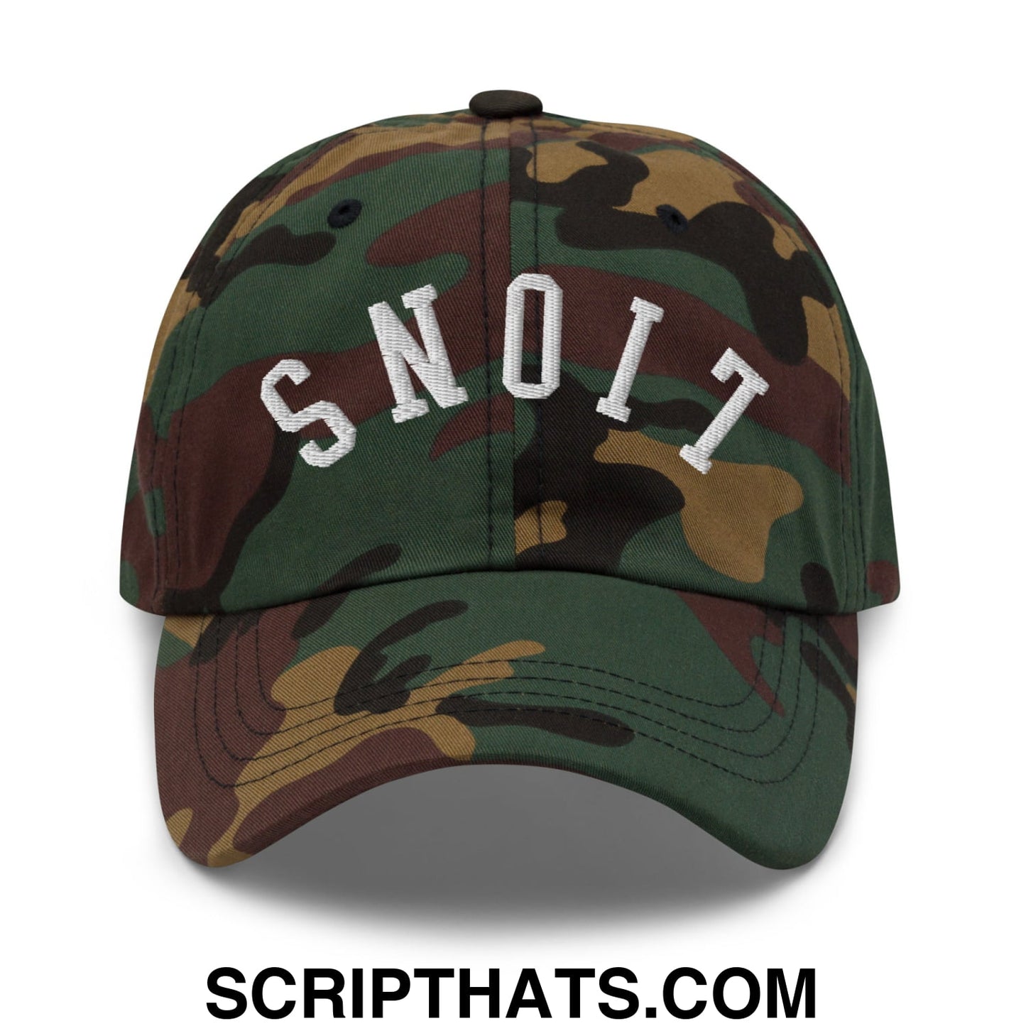 A camouflage upside down lions embroidered unstructured dad hat with white lettering spelling snoit in an arched design