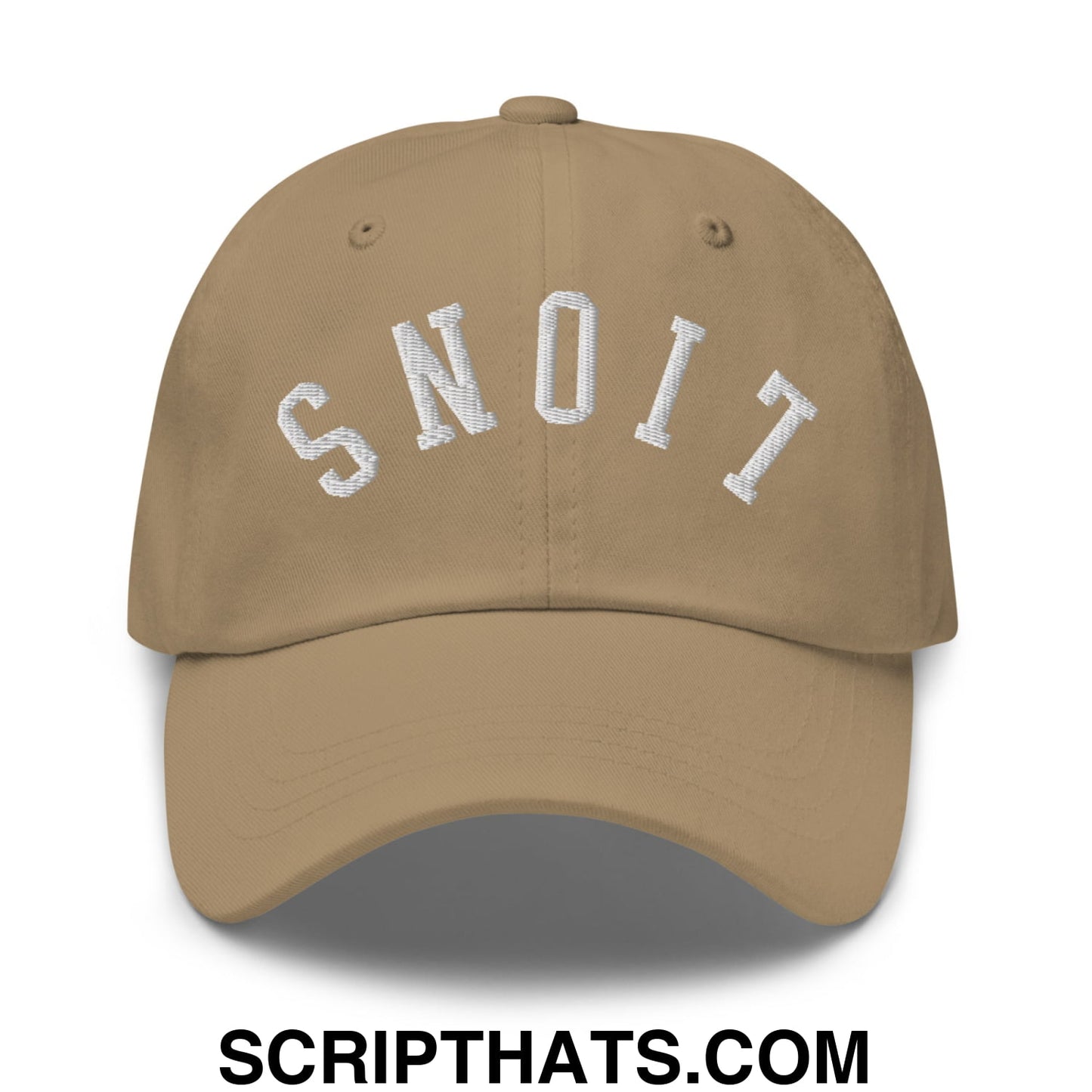 Beige unstructured dad hat with white upside down lions embroidered arched lettering reading snoit