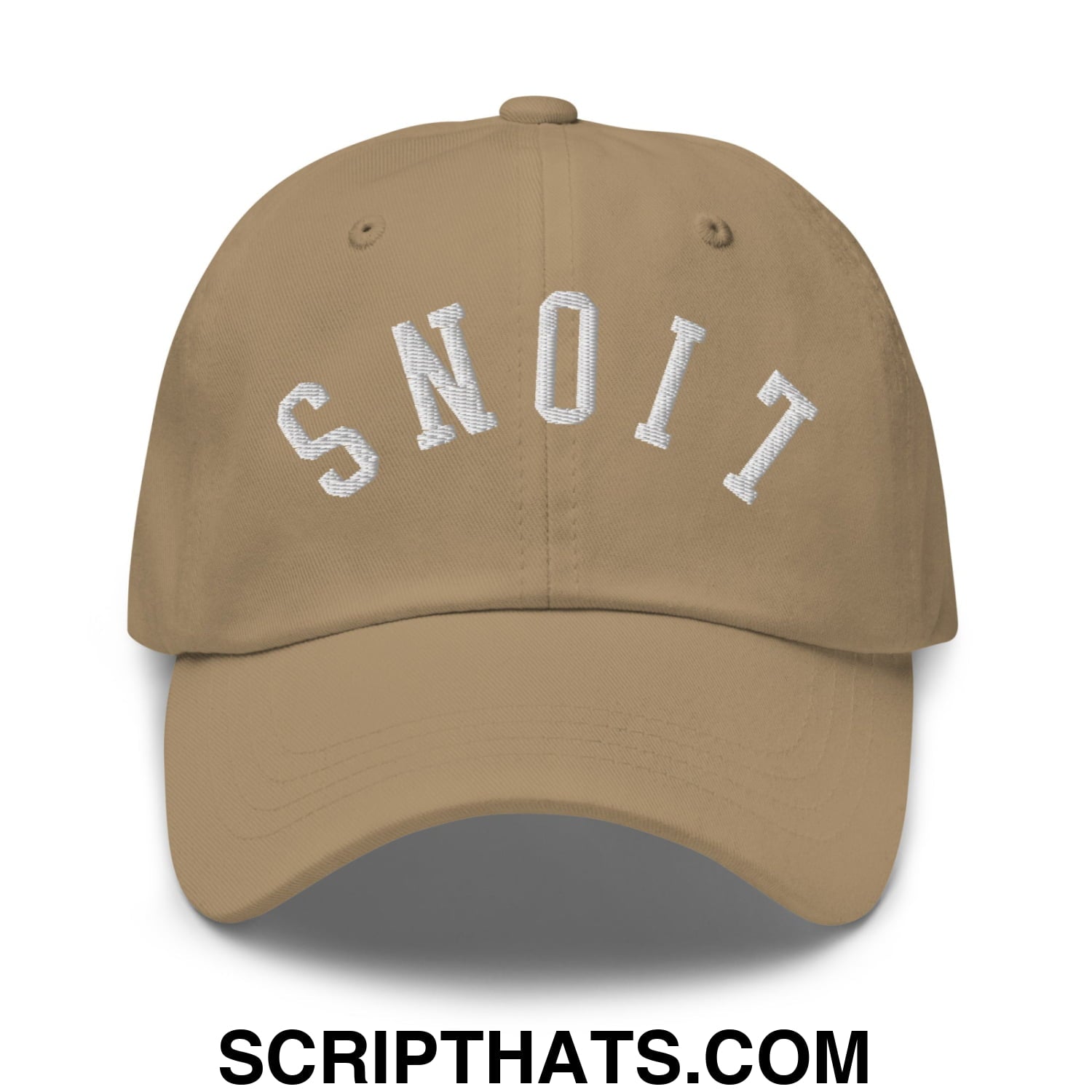 Beige unstructured dad hat with white upside down lions embroidered arched lettering reading snoit