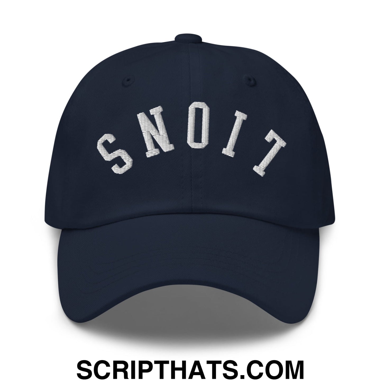 Navy blue unstructured dad hat with white embroidered upside down lions lettering snoit on the front