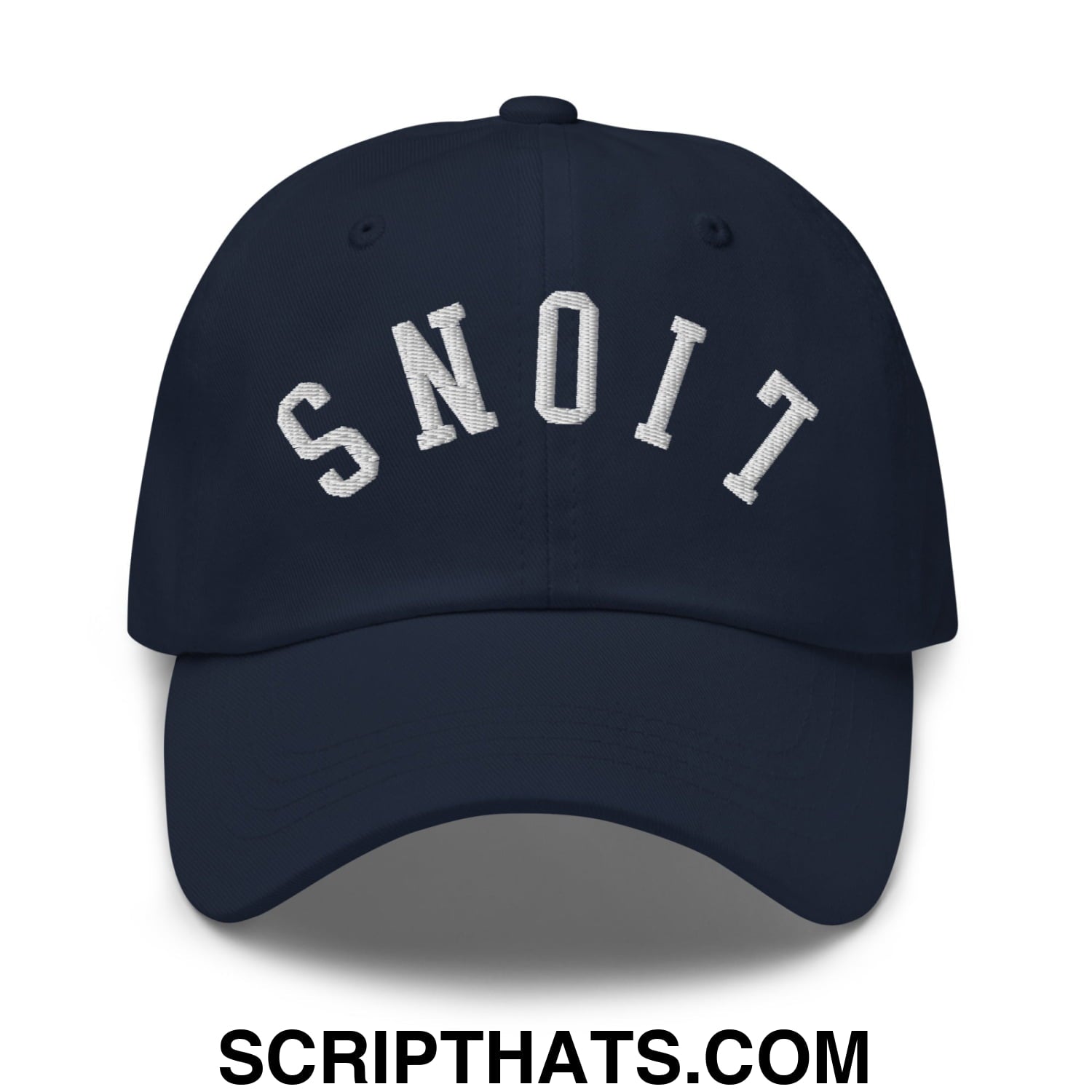 Navy blue unstructured dad hat with white embroidered upside down lions lettering snoit on the front