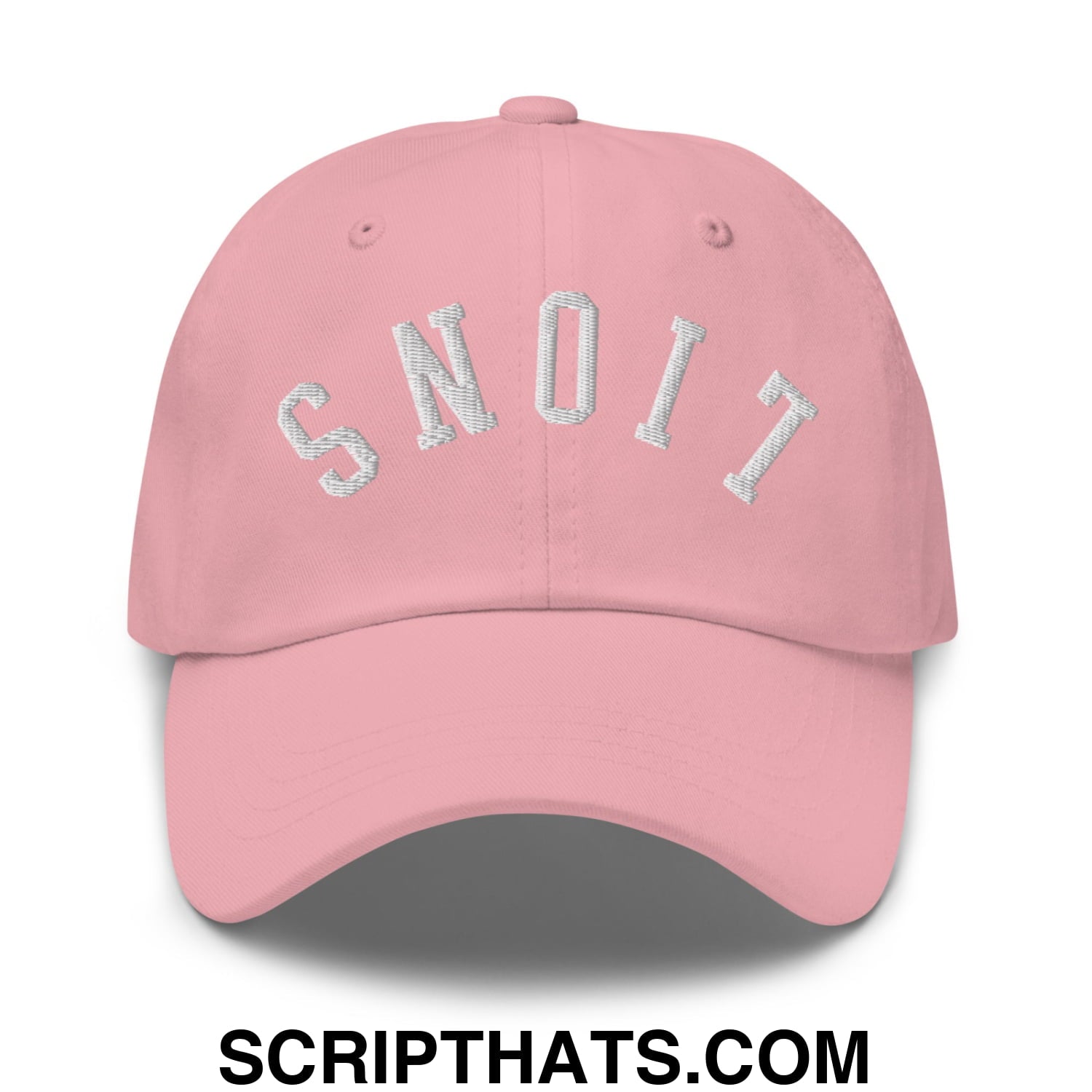 A soft pink unstructured dad hat with white upside down lions embroidered lettering spelling snoit in an arched design