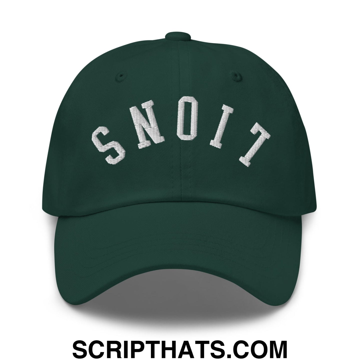 Dark green unstructured dad hat with white upside down lions embroidered arching lettering spelling snoit