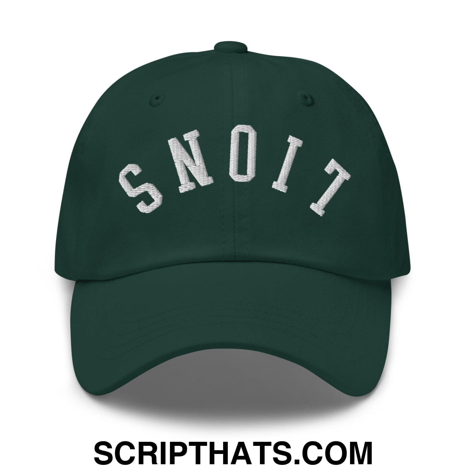 Dark green unstructured dad hat with white upside down lions embroidered arching lettering spelling snoit