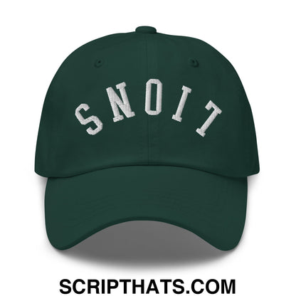 Dark green unstructured dad hat with white upside down lions embroidered arching lettering spelling snoit