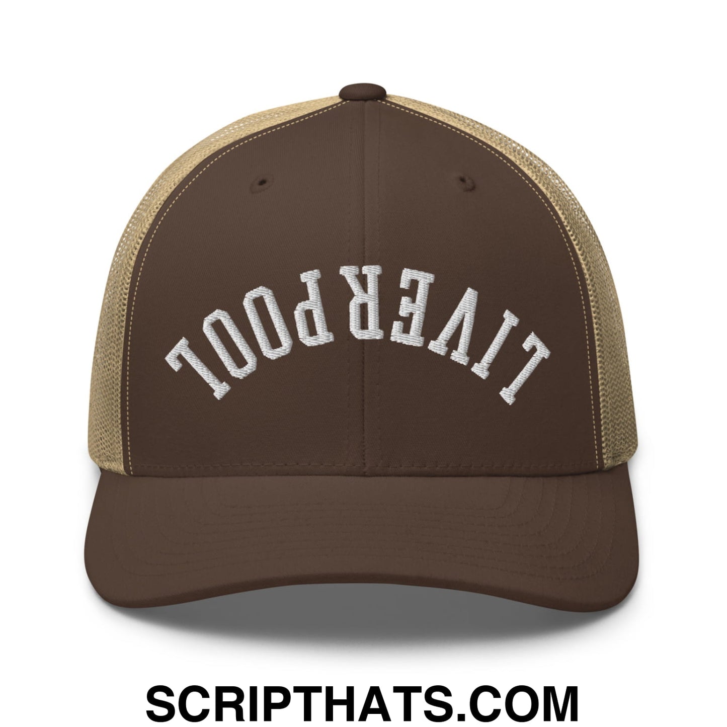 Upside Down LIverpool Embroidered Mesh Trucker Hat Brown Khaki