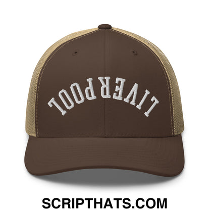 Upside Down LIverpool Embroidered Mesh Trucker Hat Brown Khaki