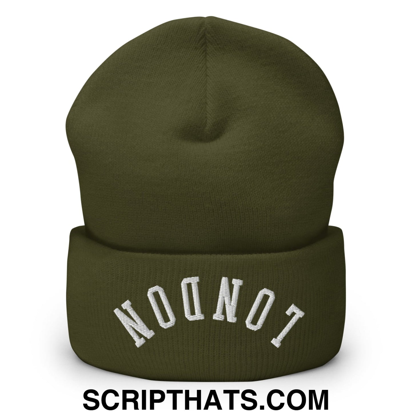 Upside Down London Embroidered Cuffed Knit Beanie Olive