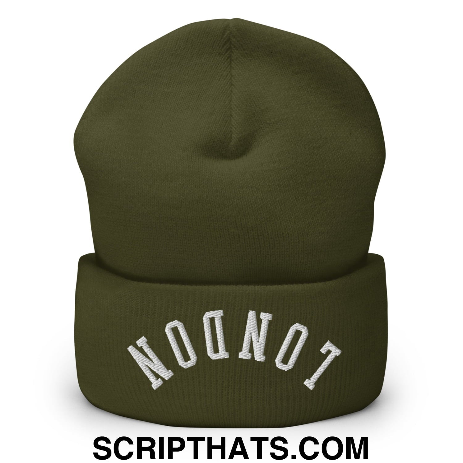 Upside Down London Embroidered Cuffed Knit Beanie Olive