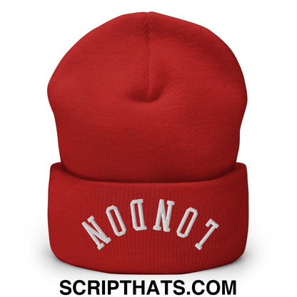 Upside Down London Embroidered Cuffed Knit Beanie Red