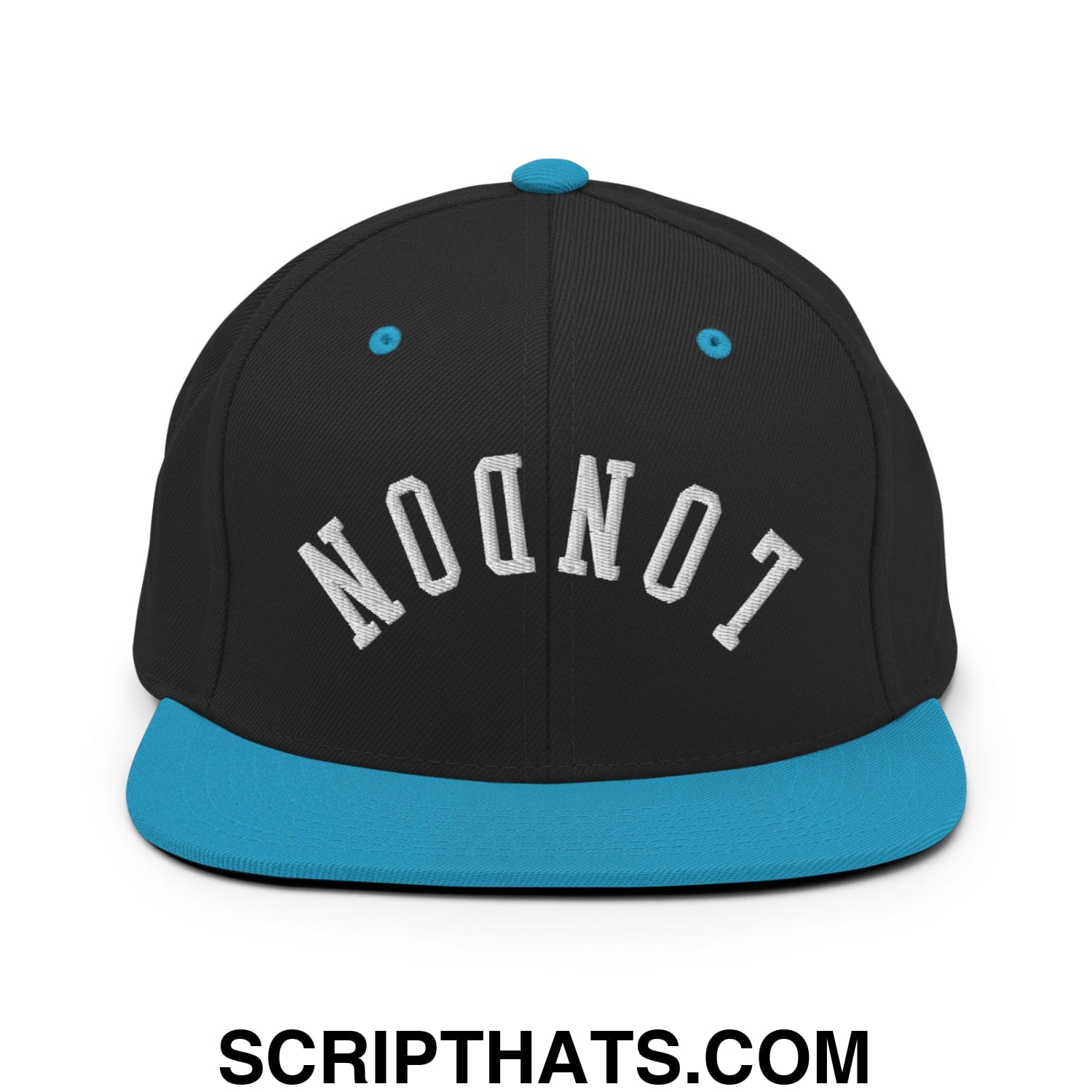 Upside Down London Embroidered Flat Bill Brim Snapback Hat Black Teal