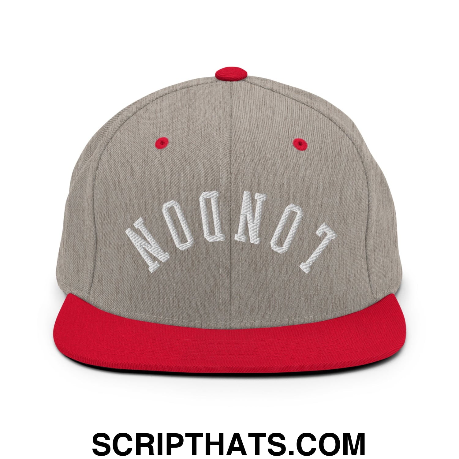 Upside Down London Embroidered Flat Bill Brim Snapback Hat Heather Grey Red