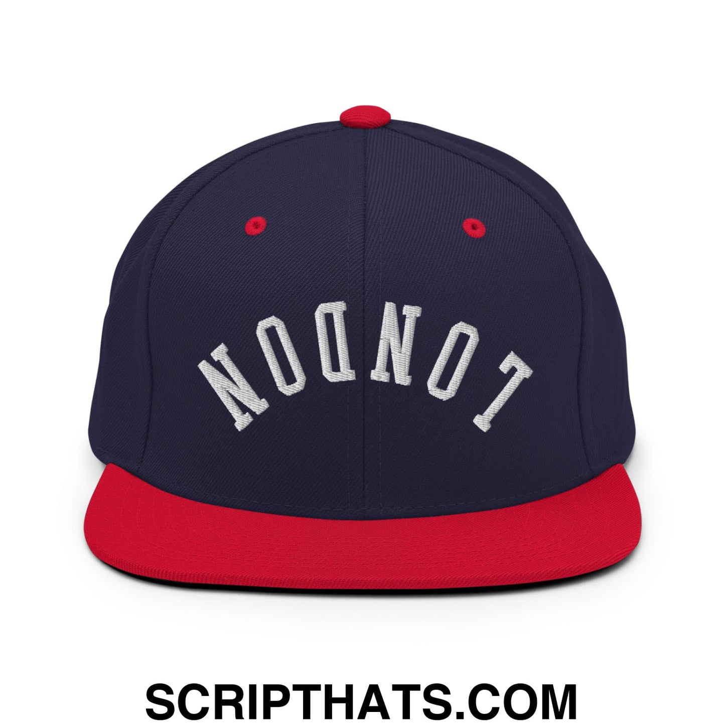 Upside Down London Embroidered Flat Bill Brim Snapback Hat Navy Red