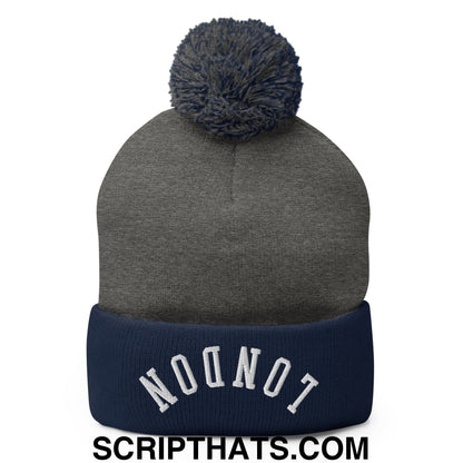 Upside Down London Embroidered Pom Pom Knit Beanie Dark Heather Grey Navy