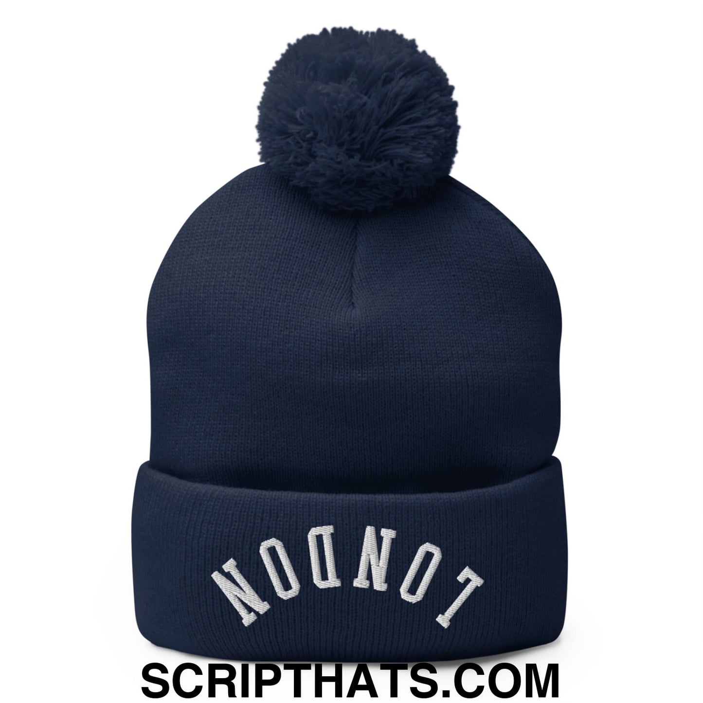 Upside Down London Embroidered Pom Pom Knit Beanie Navy