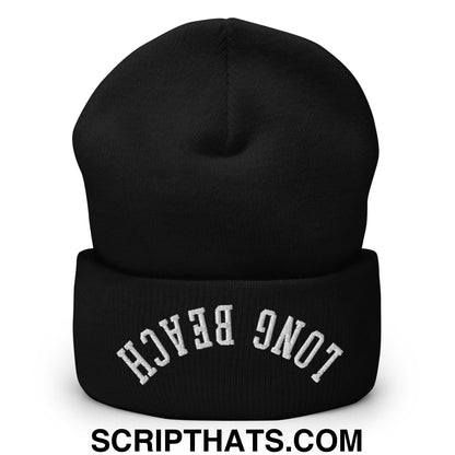 Upside Down Long Beach Embroidered Cuffed Knit Beanie Black