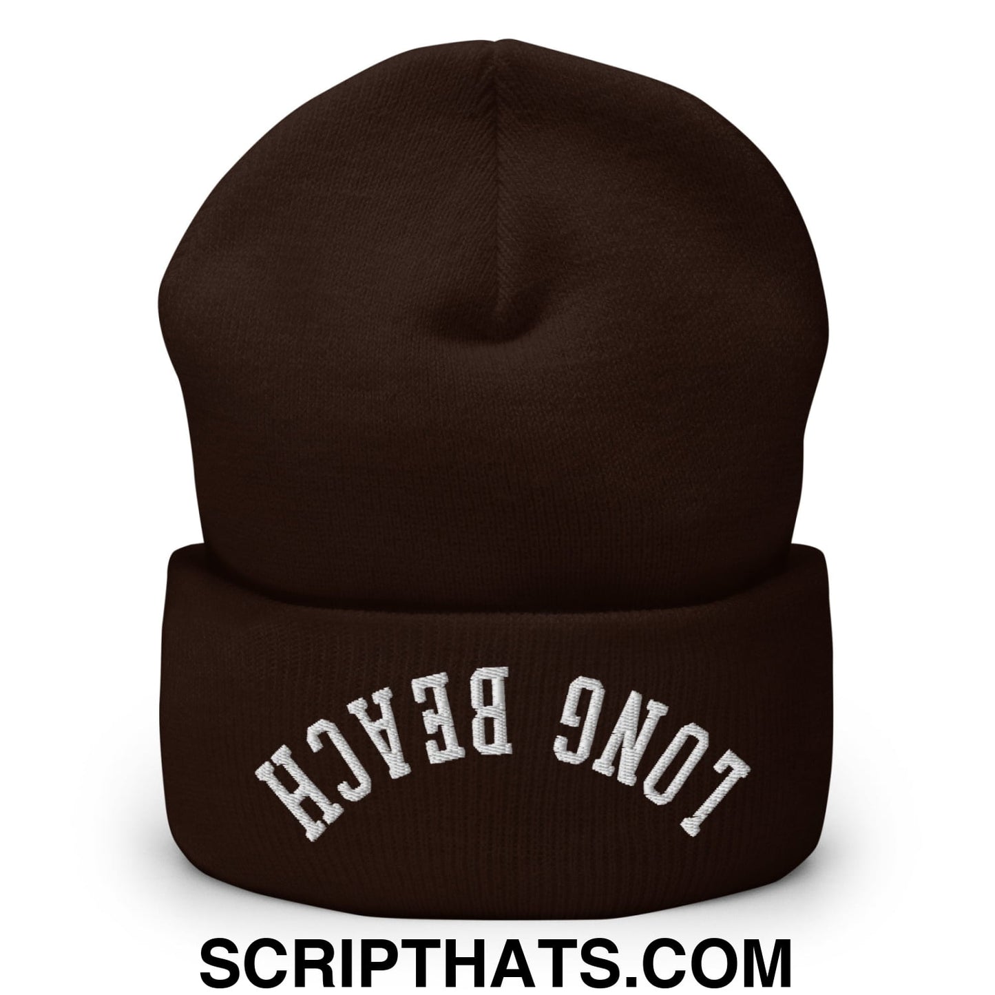 Upside Down Long Beach Embroidered Cuffed Knit Beanie Brown