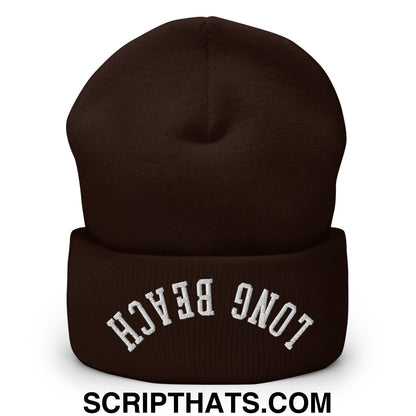 Upside Down Long Beach Embroidered Cuffed Knit Beanie Brown
