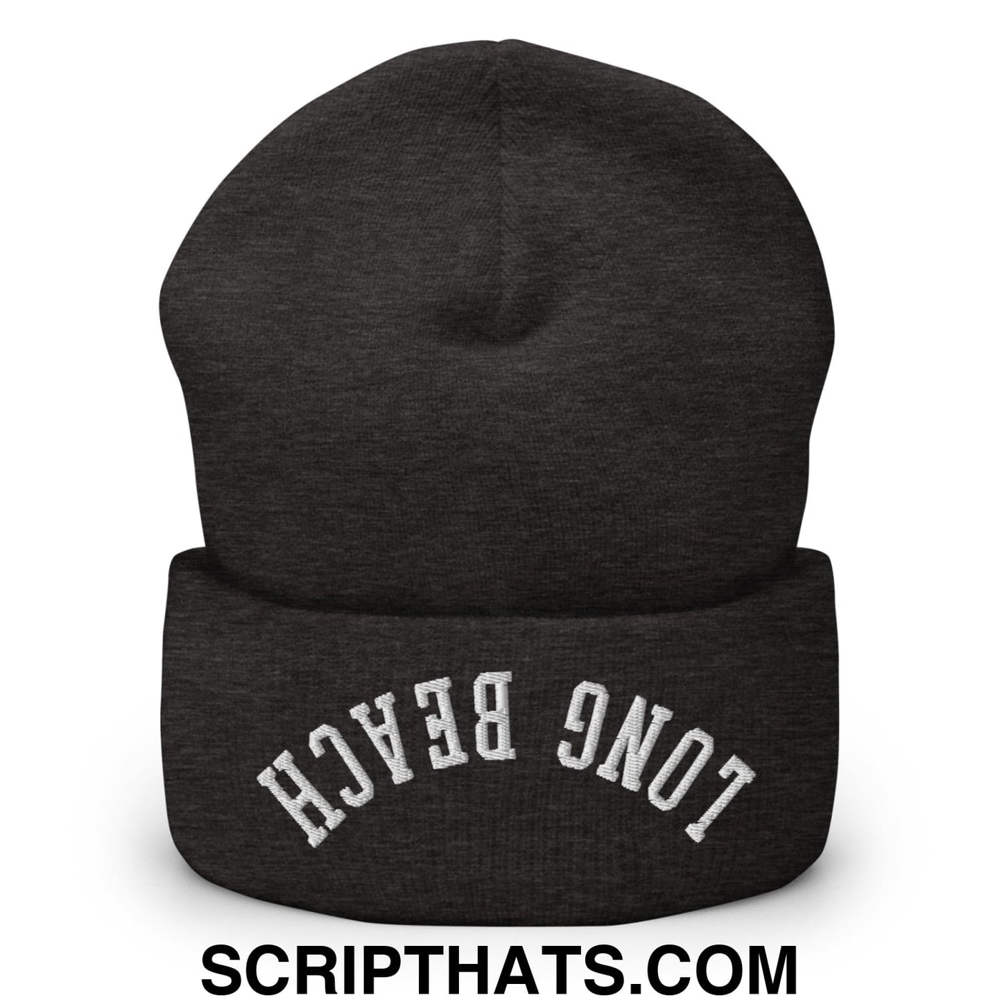 Upside Down Long Beach Embroidered Cuffed Knit Beanie Dark Grey