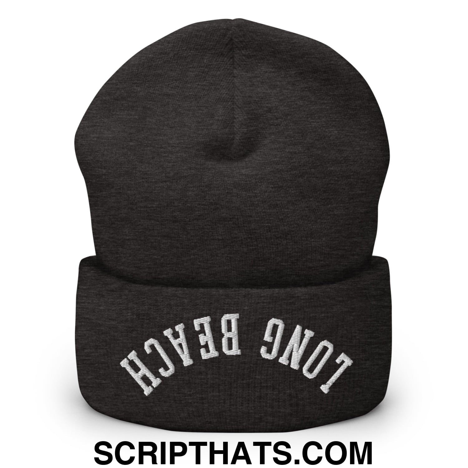 Upside Down Long Beach Embroidered Cuffed Knit Beanie Dark Grey