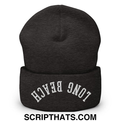 Upside Down Long Beach Embroidered Cuffed Knit Beanie Dark Grey