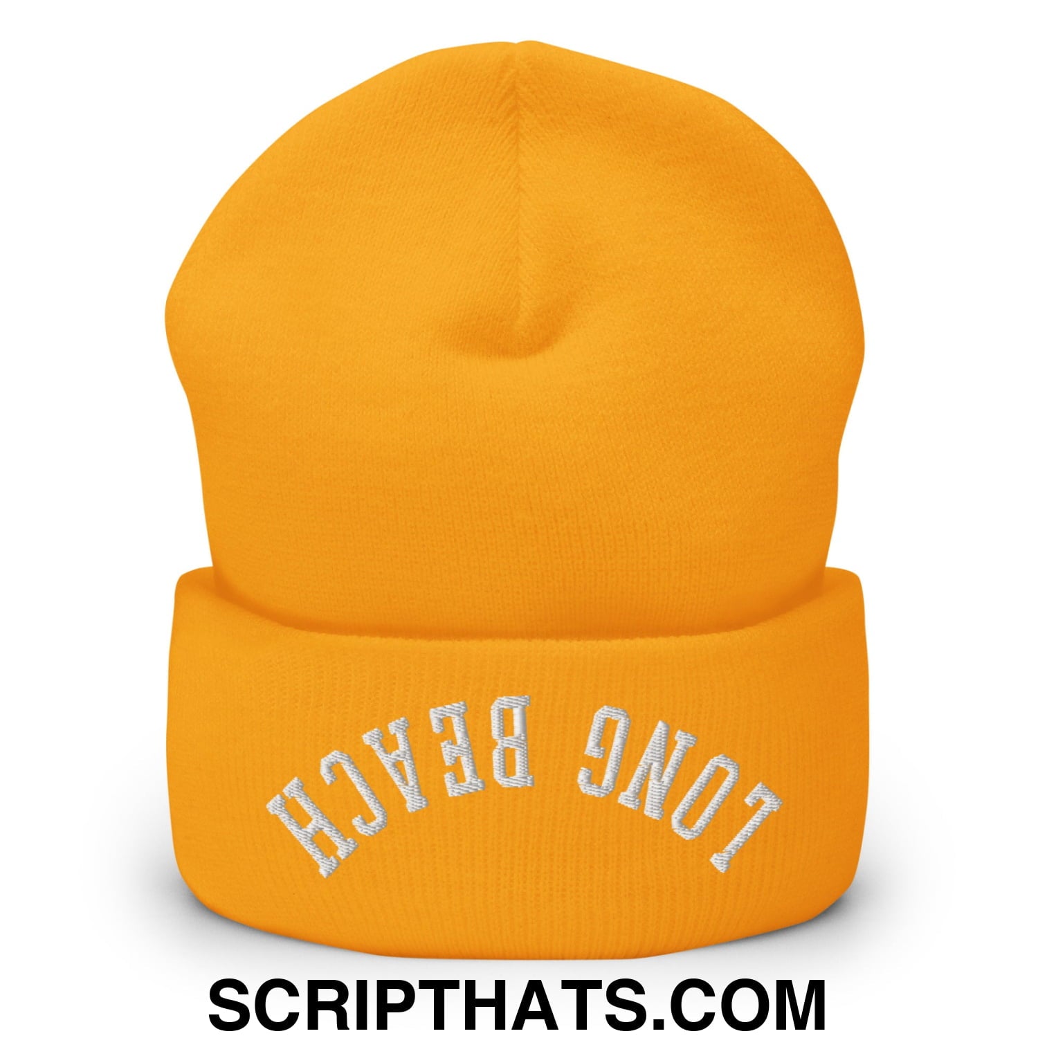 Upside Down Long Beach Embroidered Cuffed Knit Beanie Gold