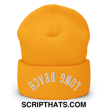 Upside Down Long Beach Embroidered Cuffed Knit Beanie Gold