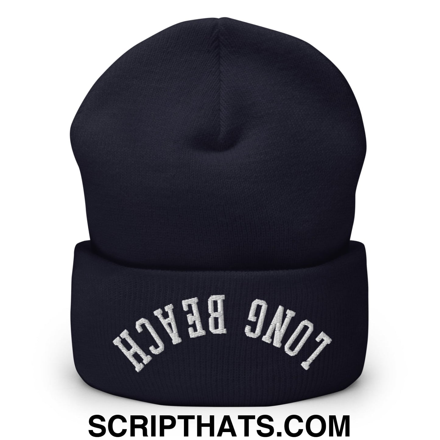 Upside Down Long Beach Embroidered Cuffed Knit Beanie Navy
