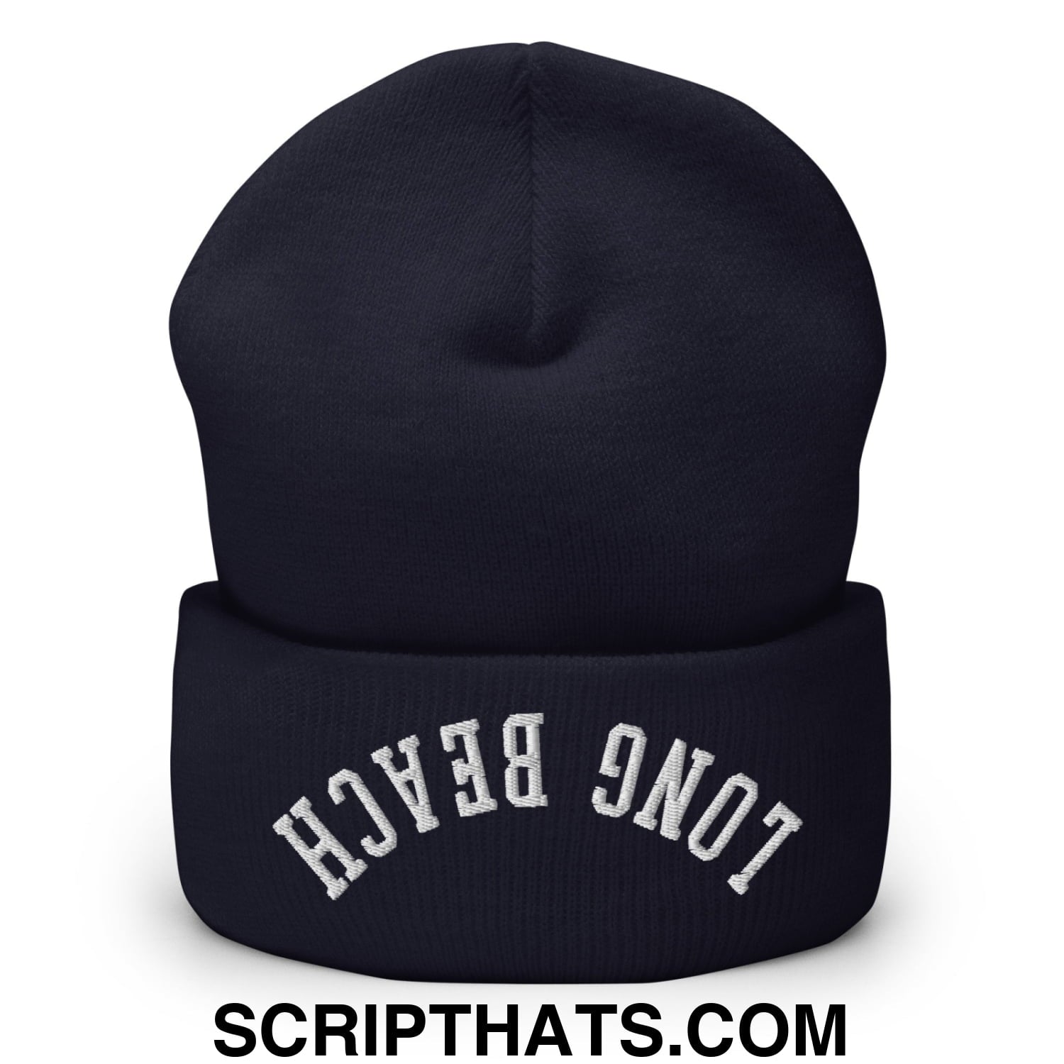 Upside Down Long Beach Embroidered Cuffed Knit Beanie Navy