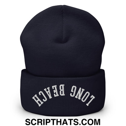 Upside Down Long Beach Embroidered Cuffed Knit Beanie Navy