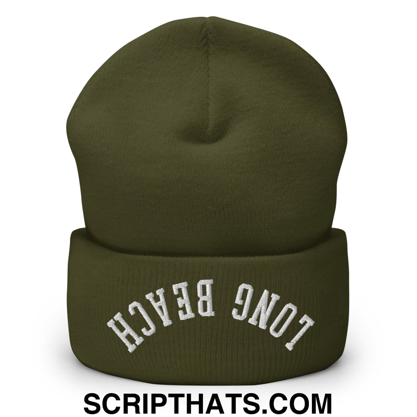 Upside Down Long Beach Embroidered Cuffed Knit Beanie Olive