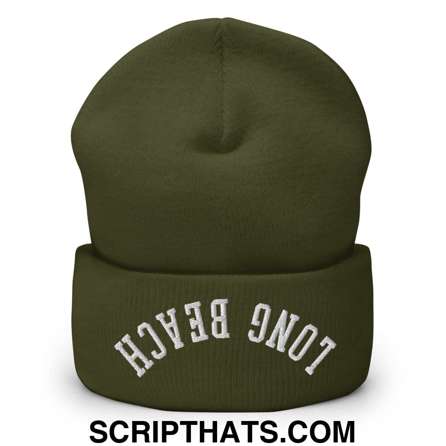 Upside Down Long Beach Embroidered Cuffed Knit Beanie Olive