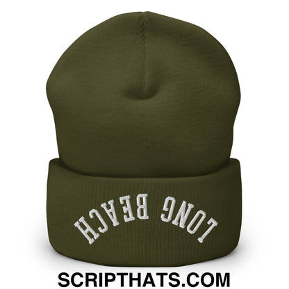 Upside Down Long Beach Embroidered Cuffed Knit Beanie Olive