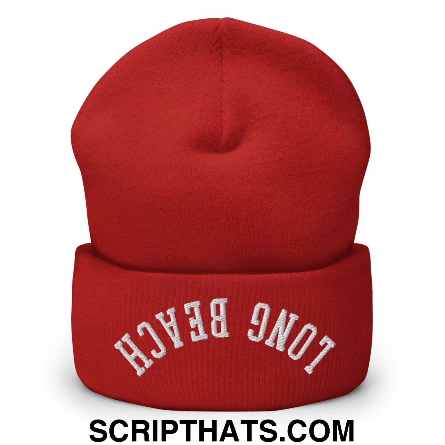 Upside Down Long Beach Embroidered Cuffed Knit Beanie Red