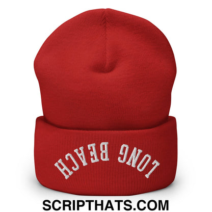 Upside Down Long Beach Embroidered Cuffed Knit Beanie Red