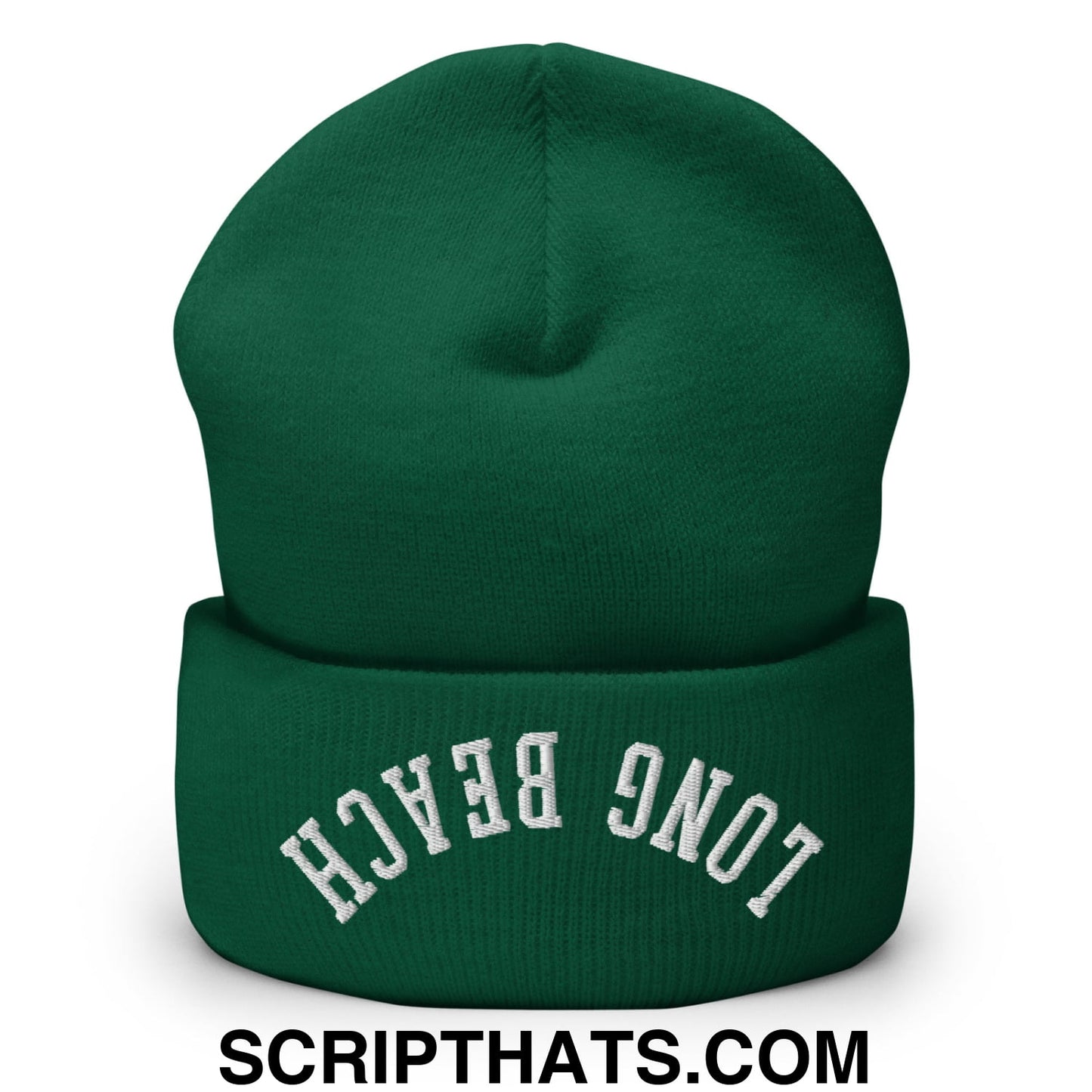Upside Down Long Beach Embroidered Cuffed Knit Beanie Spruce