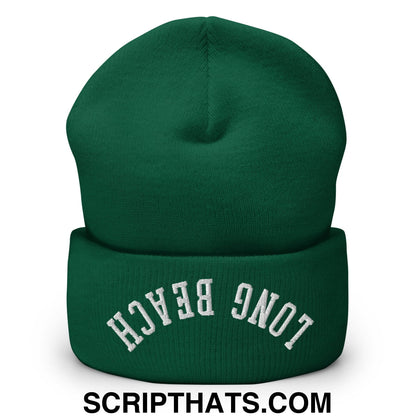 Upside Down Long Beach Embroidered Cuffed Knit Beanie Spruce
