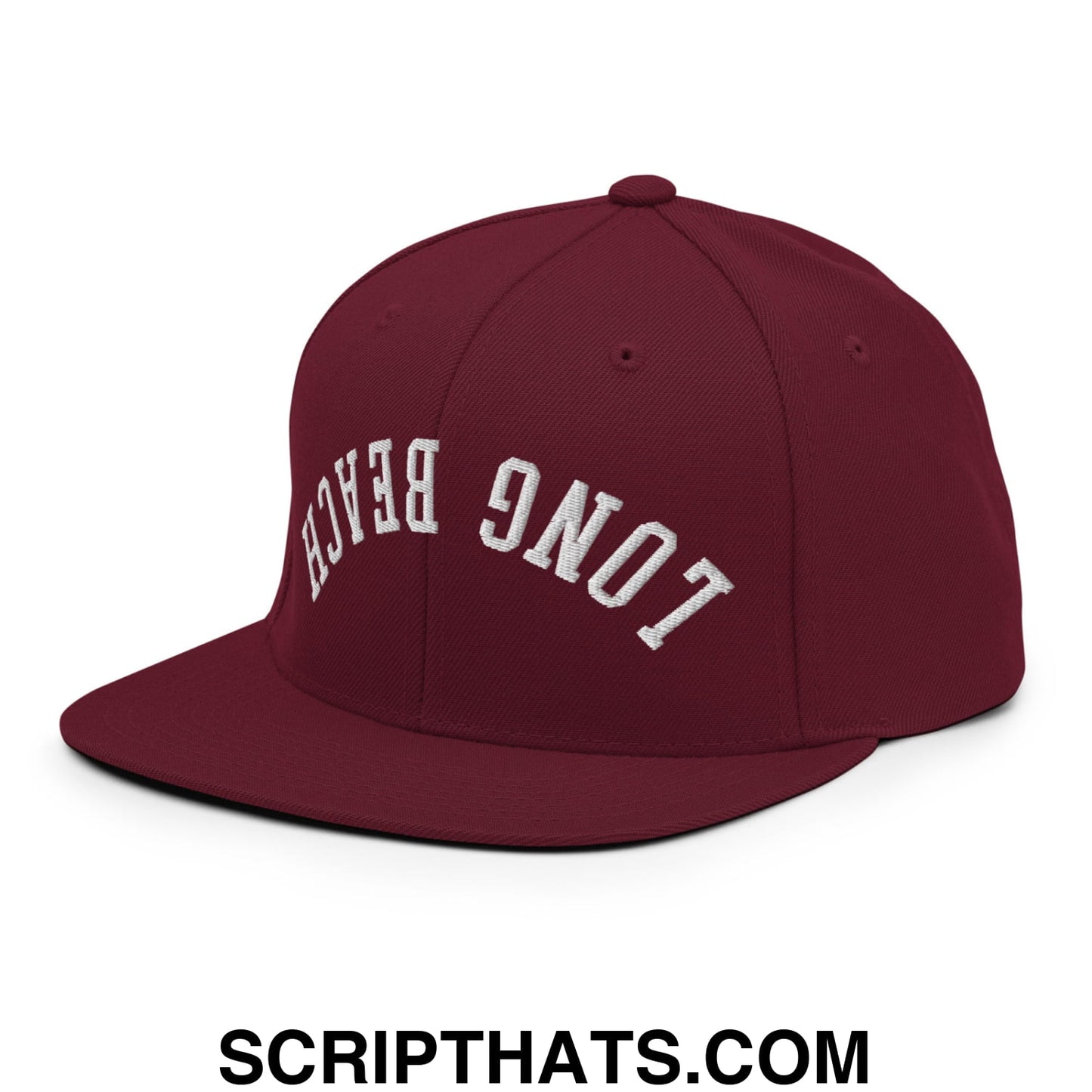 Upside Down Long Beach Embroidered Flat Bill Brim Snapback Hat Maroon