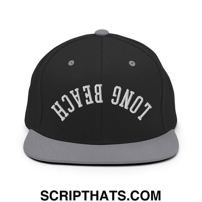 Upside Down Long Beach Embroidered Flat Bill Brim Snapback Hat Black Silver